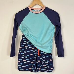 Egg Swim Blue + Turquoise Rash Guard Shirt Fish Swim Shorts Trunks Boys Set 12Y